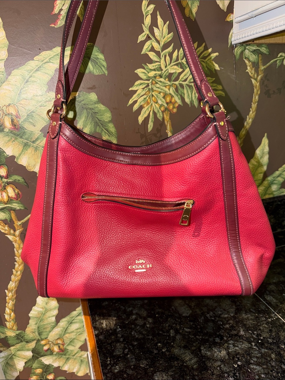 COACH ❤️ Kristy Red Leather Shoulder Bag with Burgundy Trim